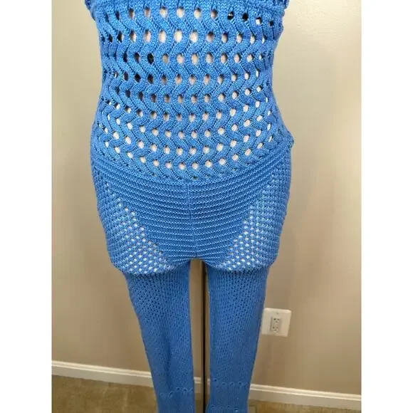 RETROFETE Kalena Knit Crochet Tropical Blue Flared Jumpsuit Size Small - Picture 7 of 10